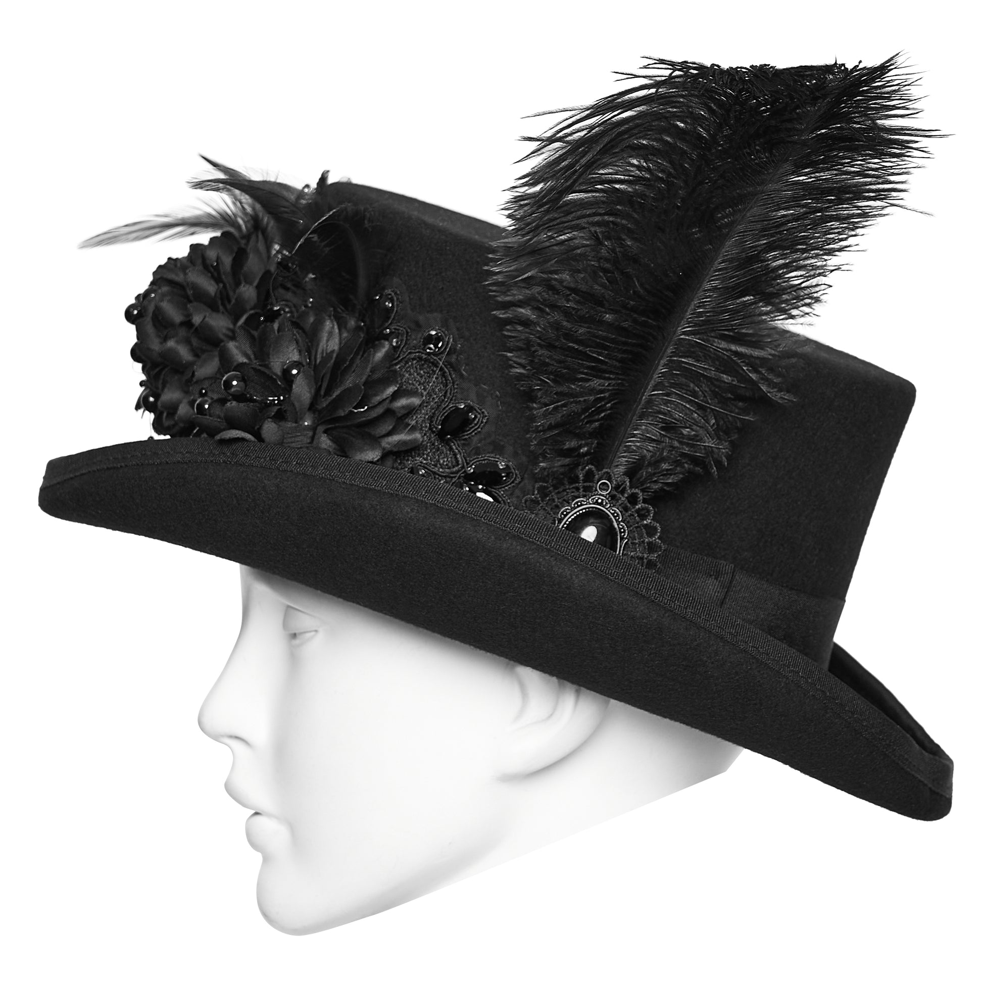 Goth feather formal hat featuring floral embellishments and feathers for bold gothic style.