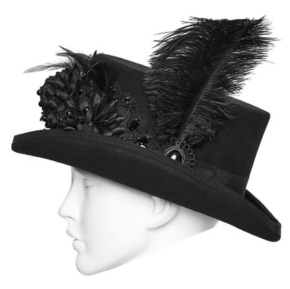 Goth feather formal hat featuring floral embellishments and feathers for bold gothic style.