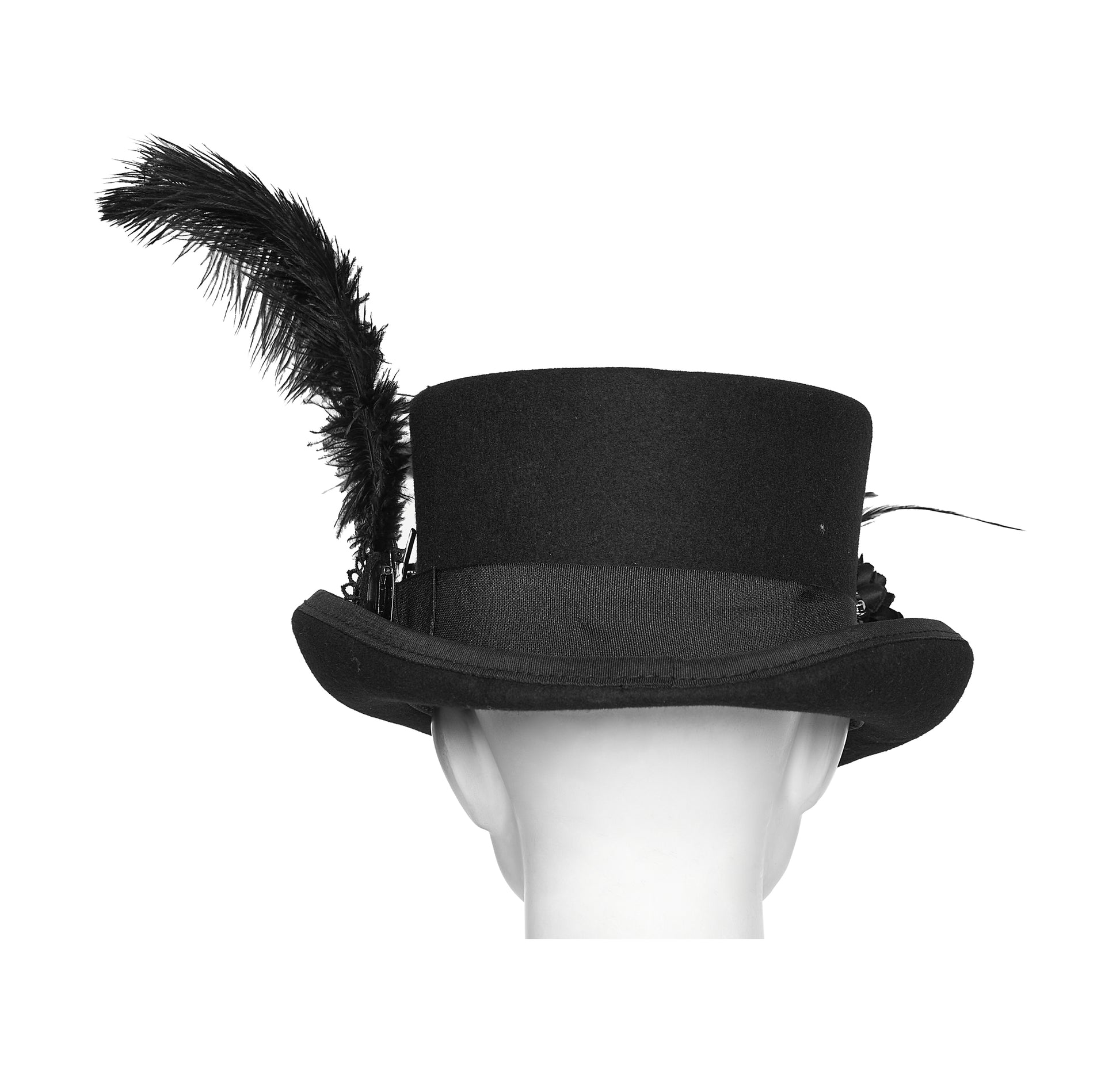 Goth feather formal hat featuring a dramatic feather embellishment, perfect for gothic and punk fashion enthusiasts.