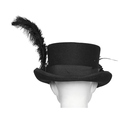 Goth feather formal hat featuring a dramatic feather embellishment, perfect for gothic and punk fashion enthusiasts.