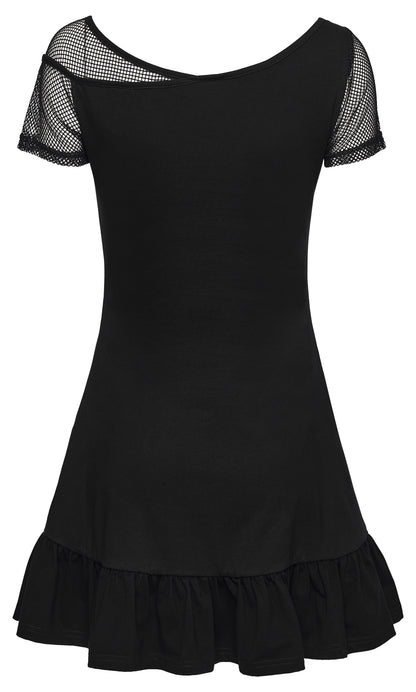 Punk Rave Elara Punk Mini Dress - Gothic Cross Print Mesh & Eyelet
