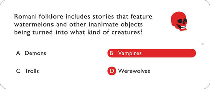 Fourth question card example, printed in black on white with a red skull in the corner.