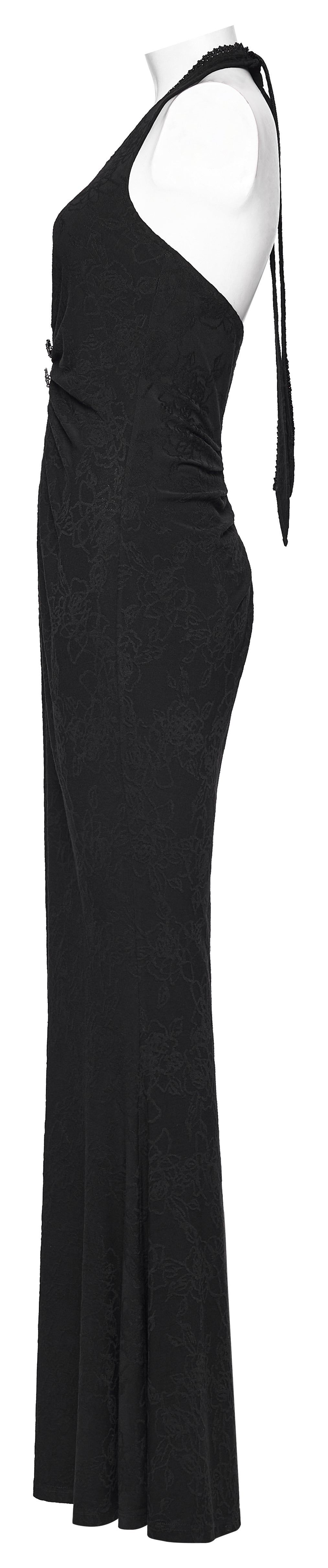 Punk Rave Seraphina Jacquard Halter Fish Tail Dress side view on a mannequin, showcasing the elegant silhouette and ruching details.