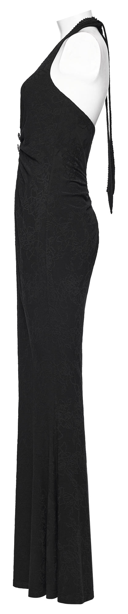 Punk Rave Seraphina Jacquard Halter Fish Tail Dress side view on a mannequin, showcasing the elegant silhouette and ruching details.