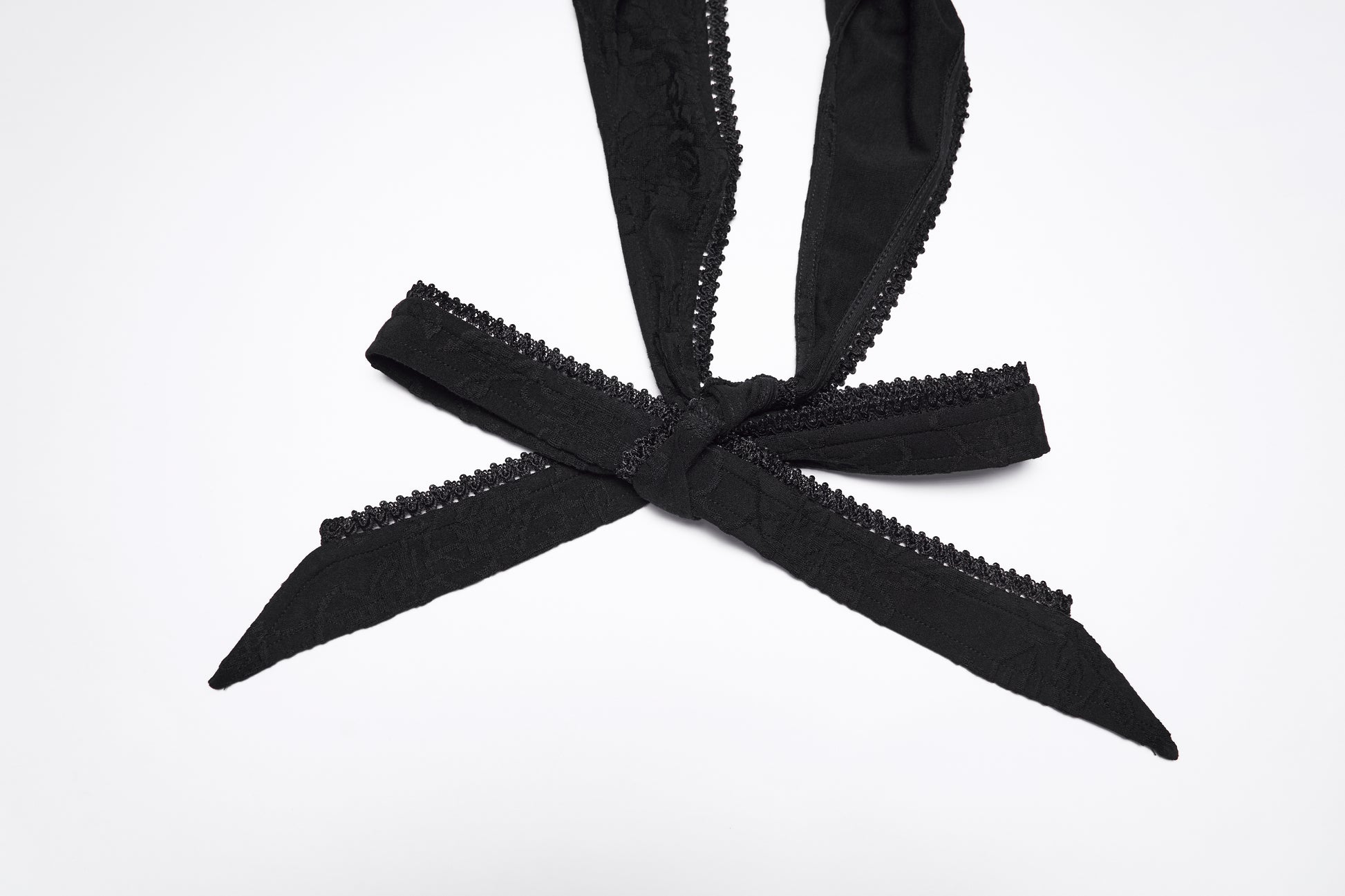 Punk Rave Seraphina Jacquard Halter Fish Tail Dress halter straps in elegant black fabric with lace detailing.