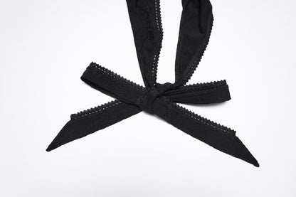 Punk Rave Seraphina Jacquard Halter Fish Tail Dress halter straps in elegant black fabric with lace detailing.