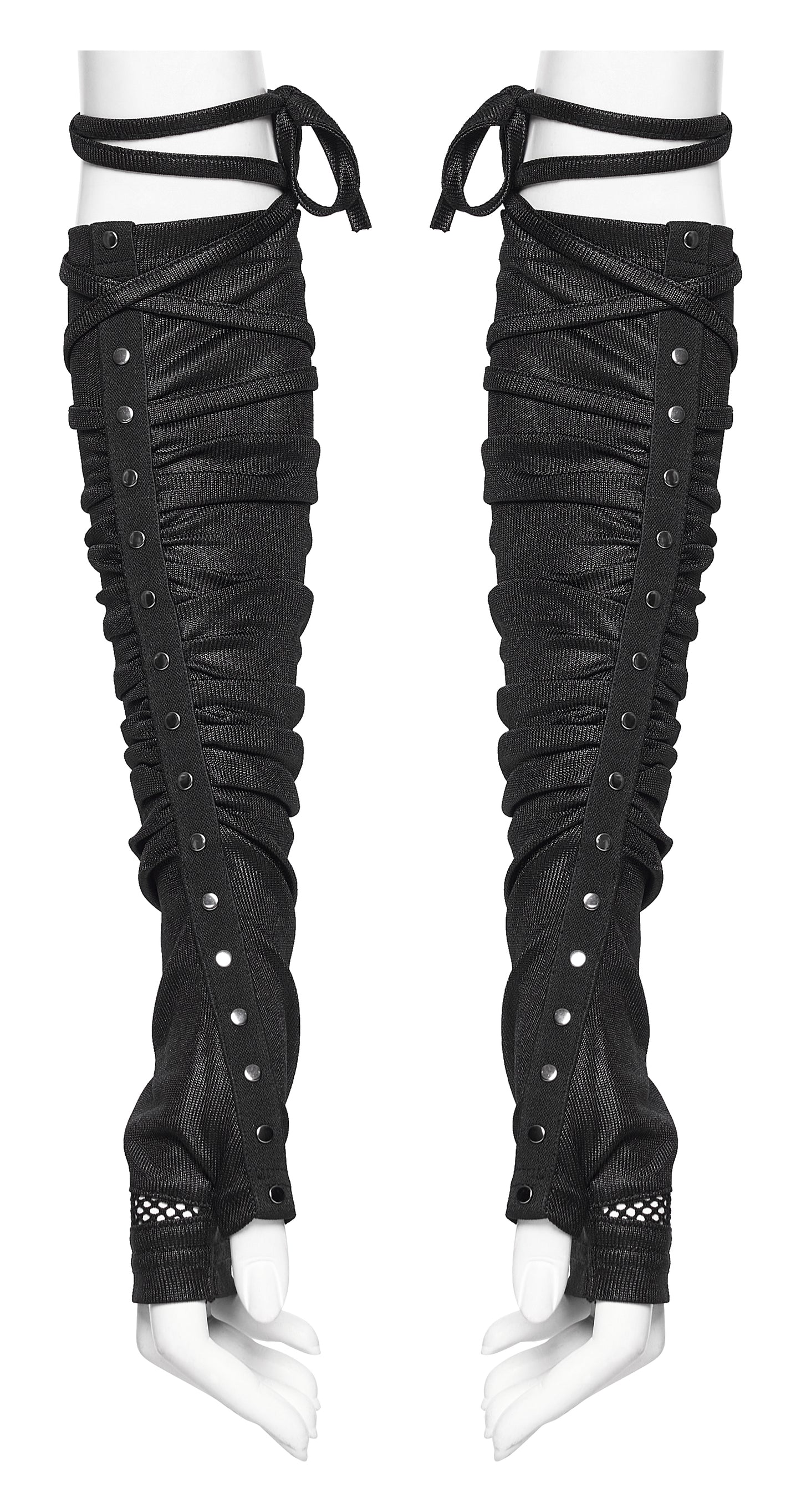 Goth fingerless strap gloves featuring pleated fabric and rivet detailing for a bold, industrial look.