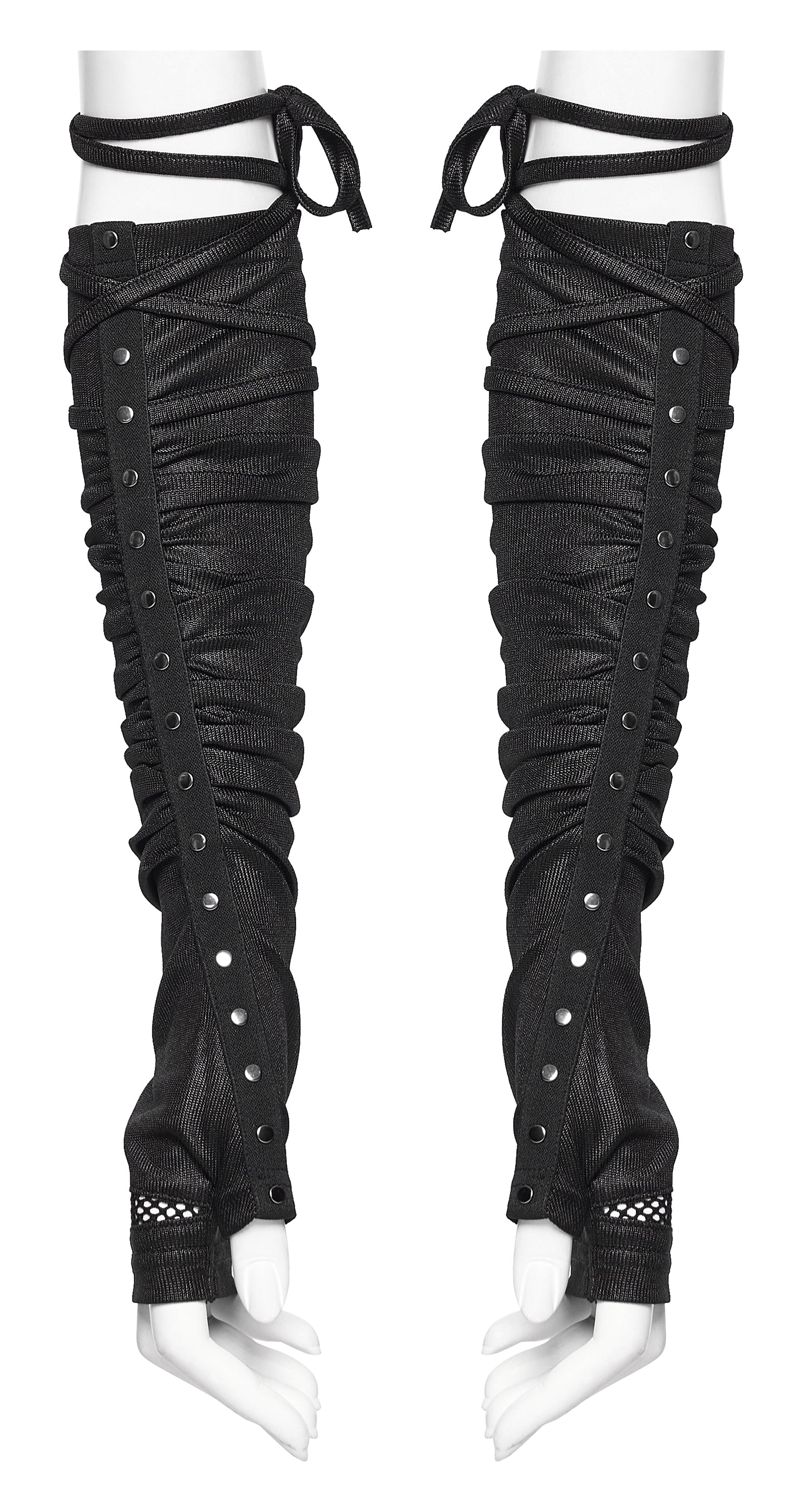 Goth fingerless strap gloves featuring pleated fabric and rivet detailing for a bold, industrial look.