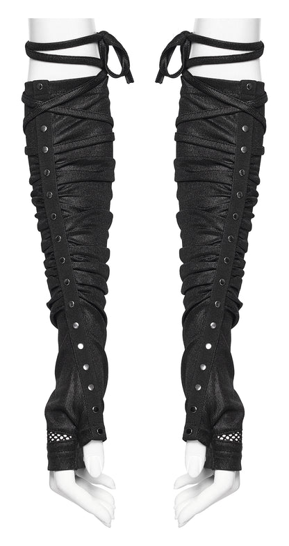Goth fingerless strap gloves featuring pleated fabric and rivet detailing for a bold, industrial look.