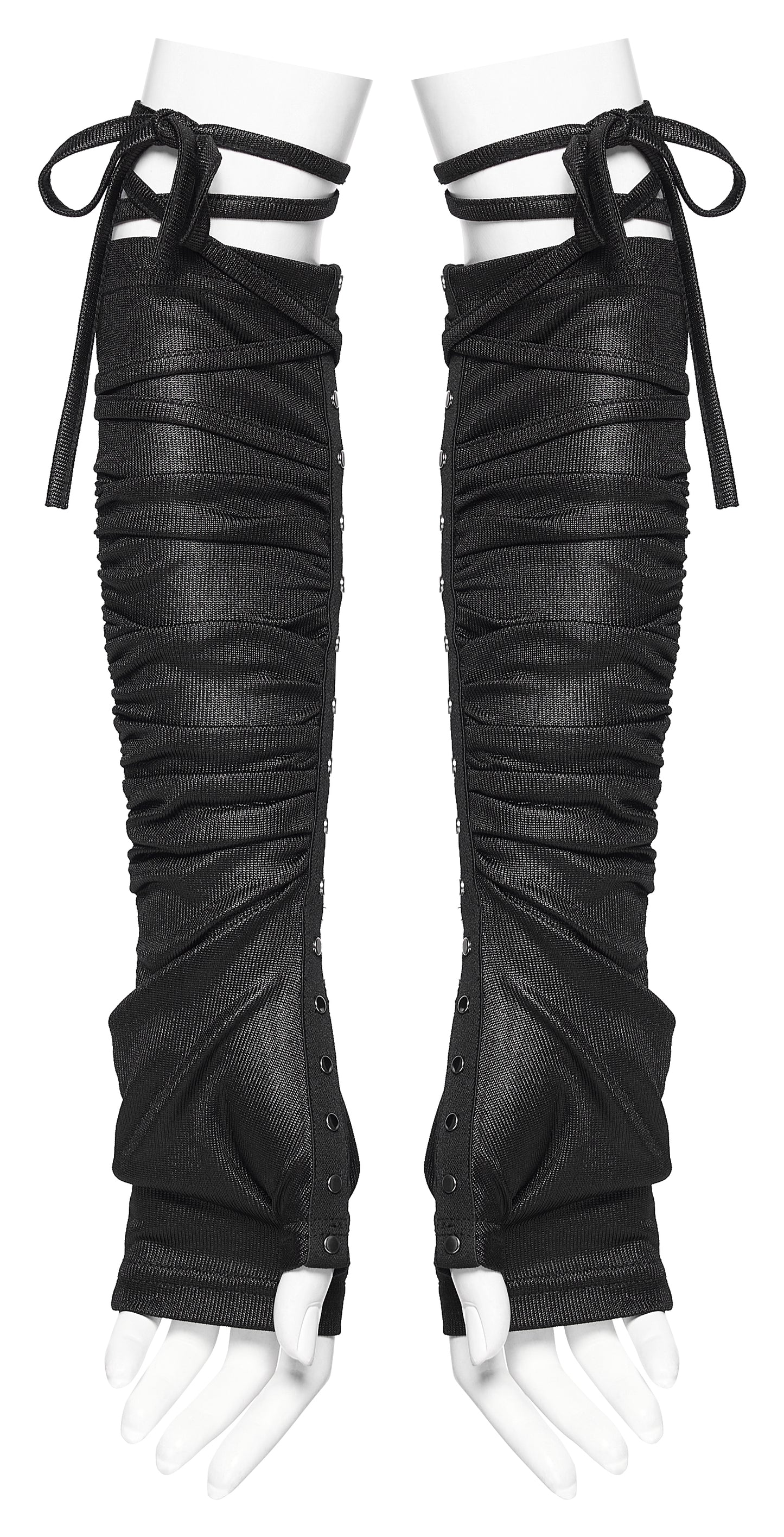 Goth fingerless strap gloves featuring layered pleated fabric and rivet details, showcasing a post-apocalyptic style.