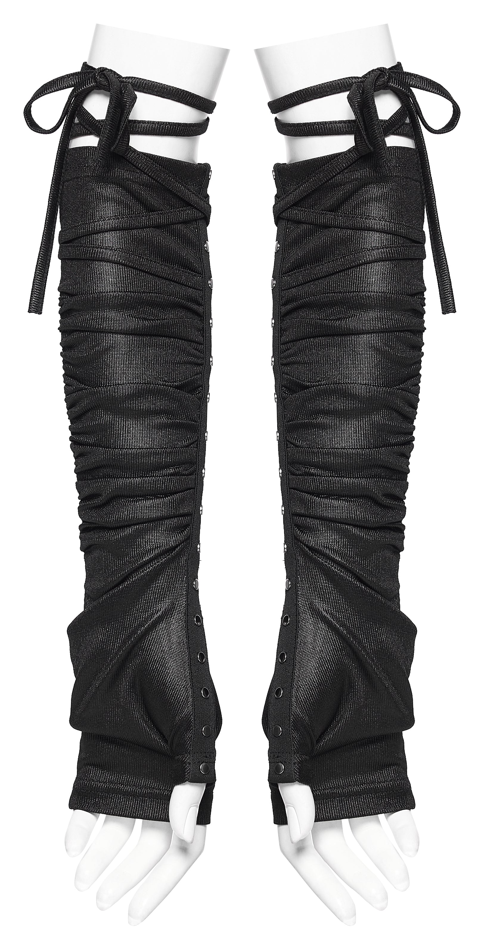 Goth fingerless strap gloves featuring layered pleated fabric and rivet details, showcasing a post-apocalyptic style.