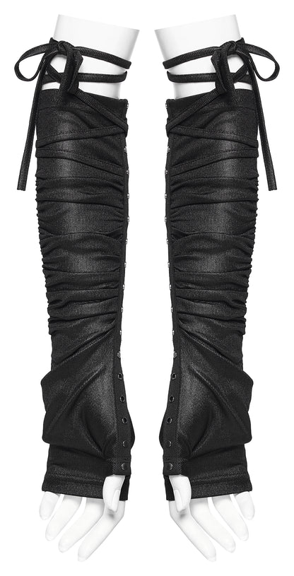 Goth fingerless strap gloves featuring layered pleated fabric and rivet details, showcasing a post-apocalyptic style.
