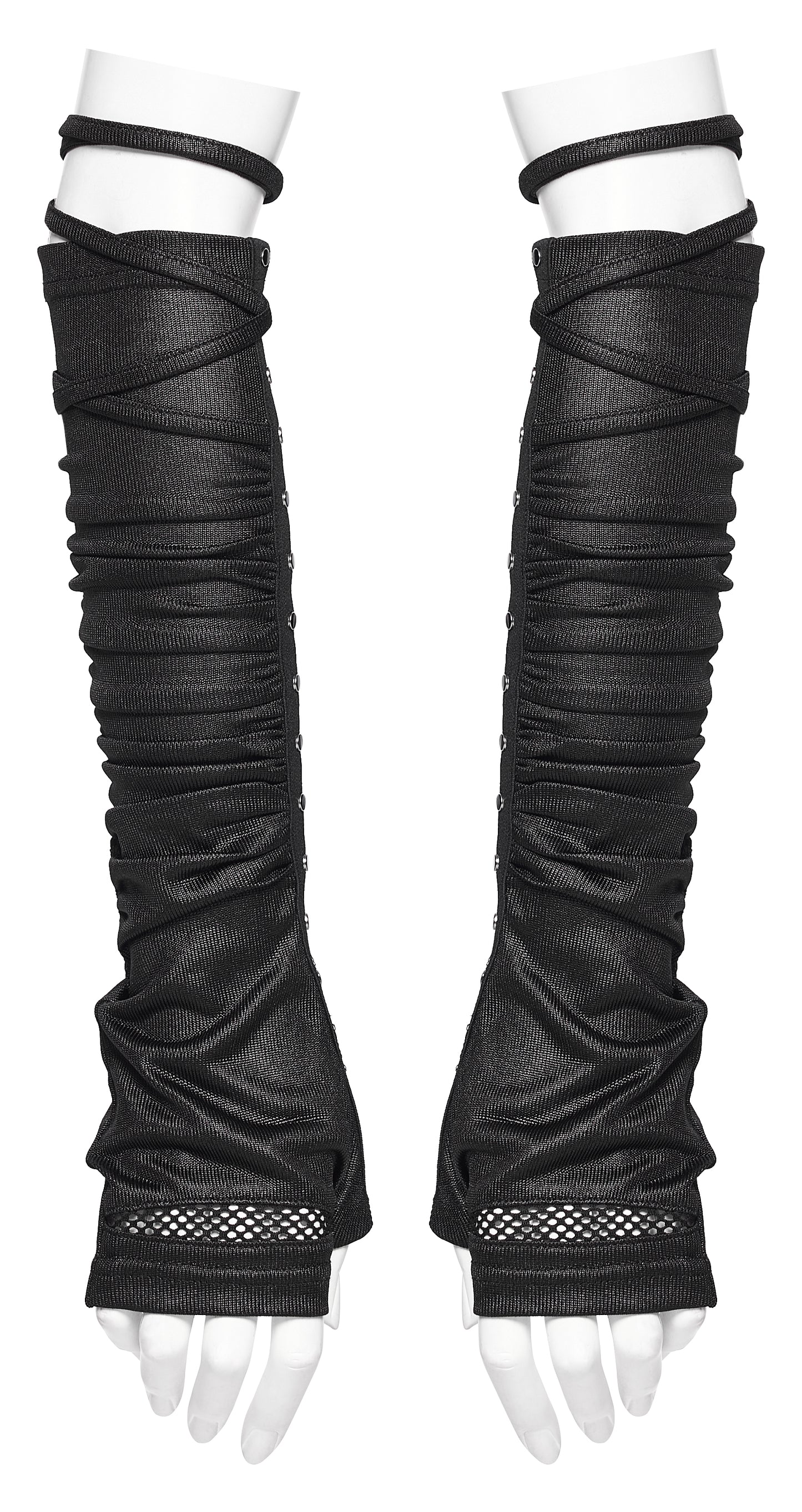 Goth fingerless strap gloves featuring pleated design and rivet detailing, ideal for a punk or post-apocalyptic style.
