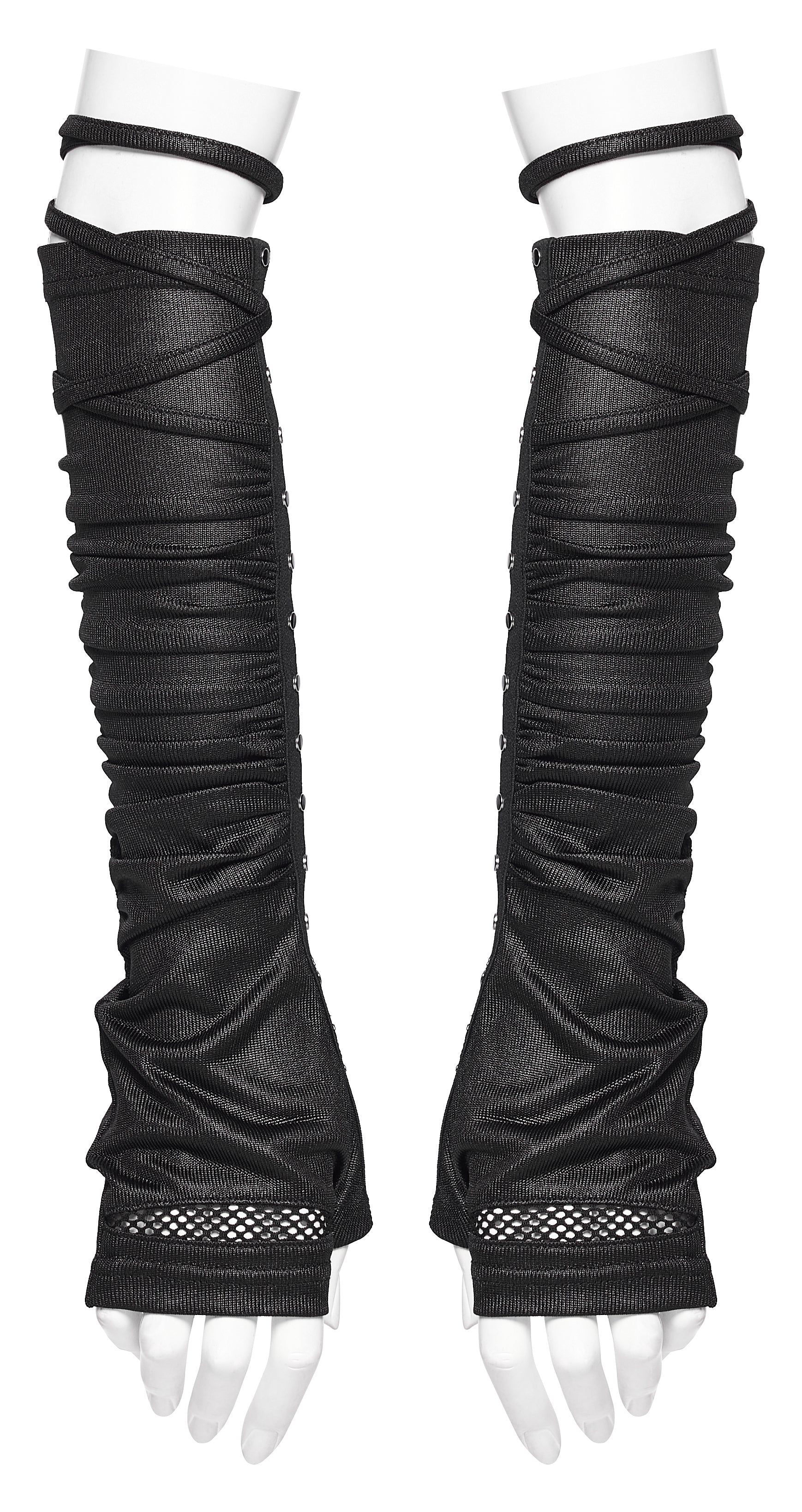Goth fingerless strap gloves featuring pleated design and rivet detailing, ideal for a punk or post-apocalyptic style.