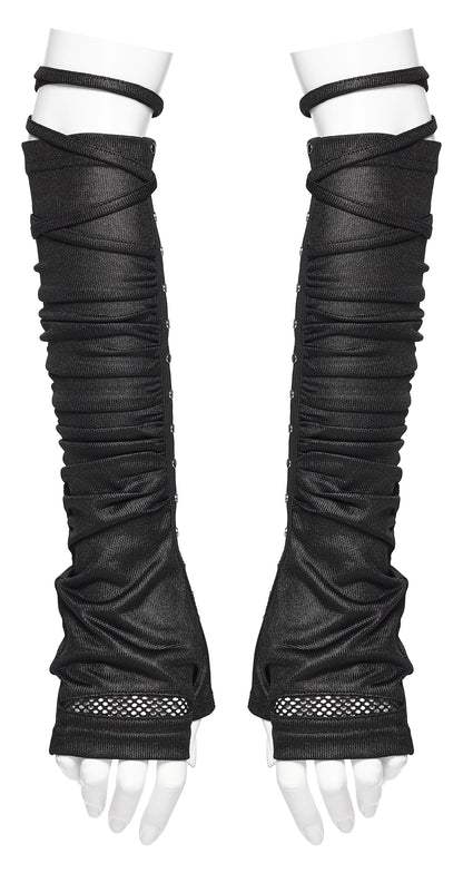 Goth fingerless strap gloves featuring pleated design and rivet detailing, ideal for a punk or post-apocalyptic style.