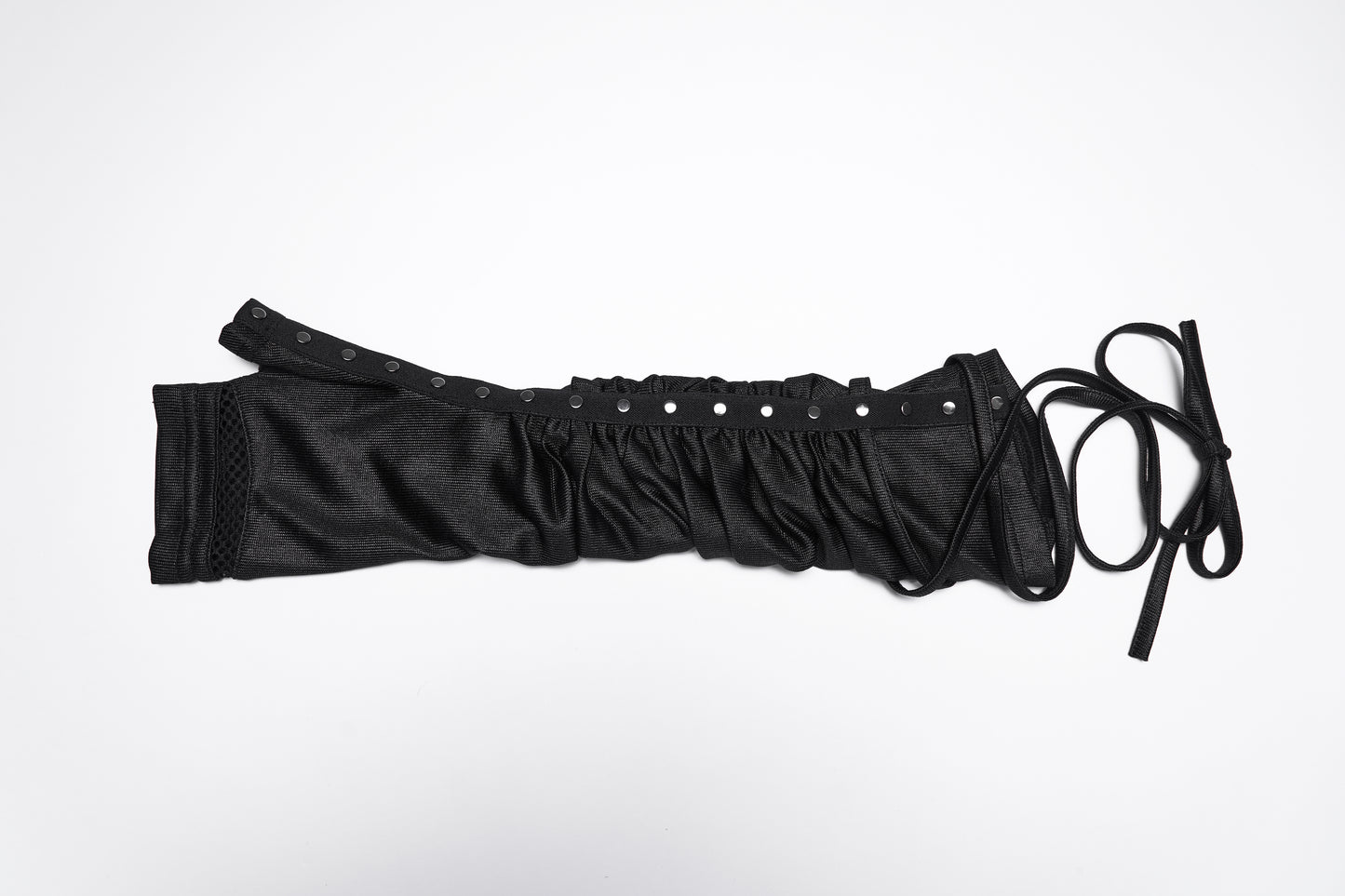 Punk Rave Nyx Wasteland Pleated Strap Gloves, goth fingerless strap gloves with rivet detailing and industrial style.