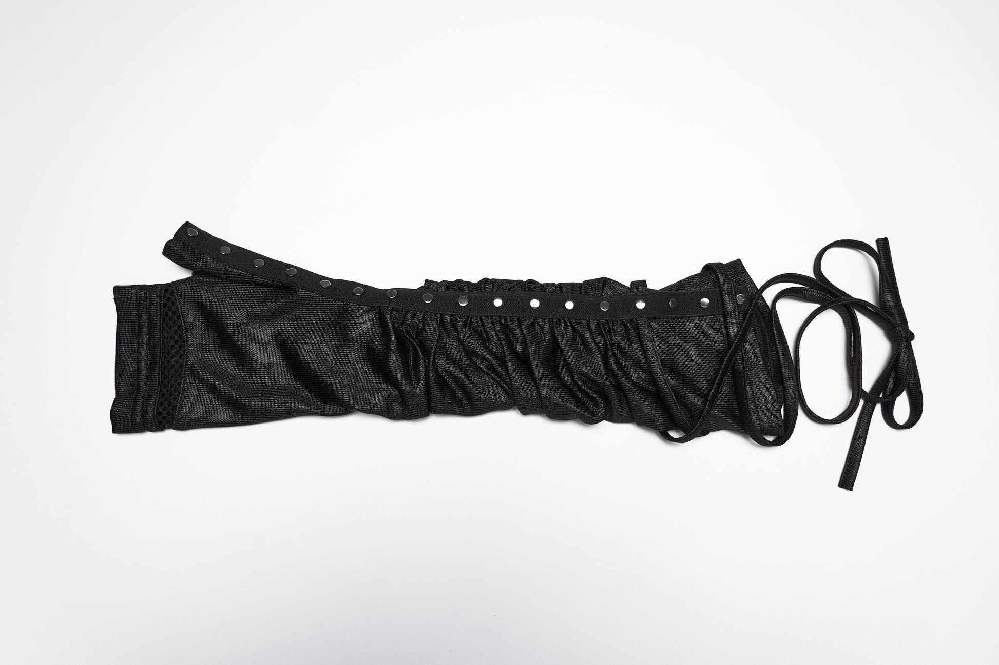 Punk Rave Nyx Wasteland Pleated Strap Gloves, goth fingerless strap gloves with rivet detailing and industrial style.