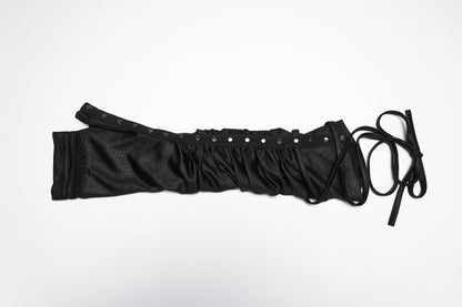 Punk Rave Nyx Wasteland Pleated Strap Gloves, goth fingerless strap gloves with rivet detailing and industrial style.