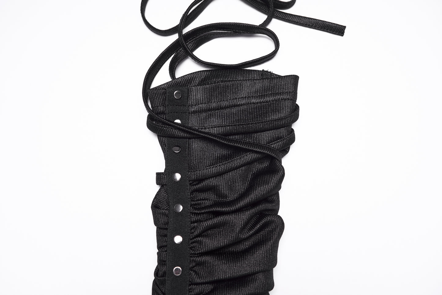 Goth fingerless strap gloves with pleated fabric and rivet detailing from Punk Rave Nyx Wasteland.