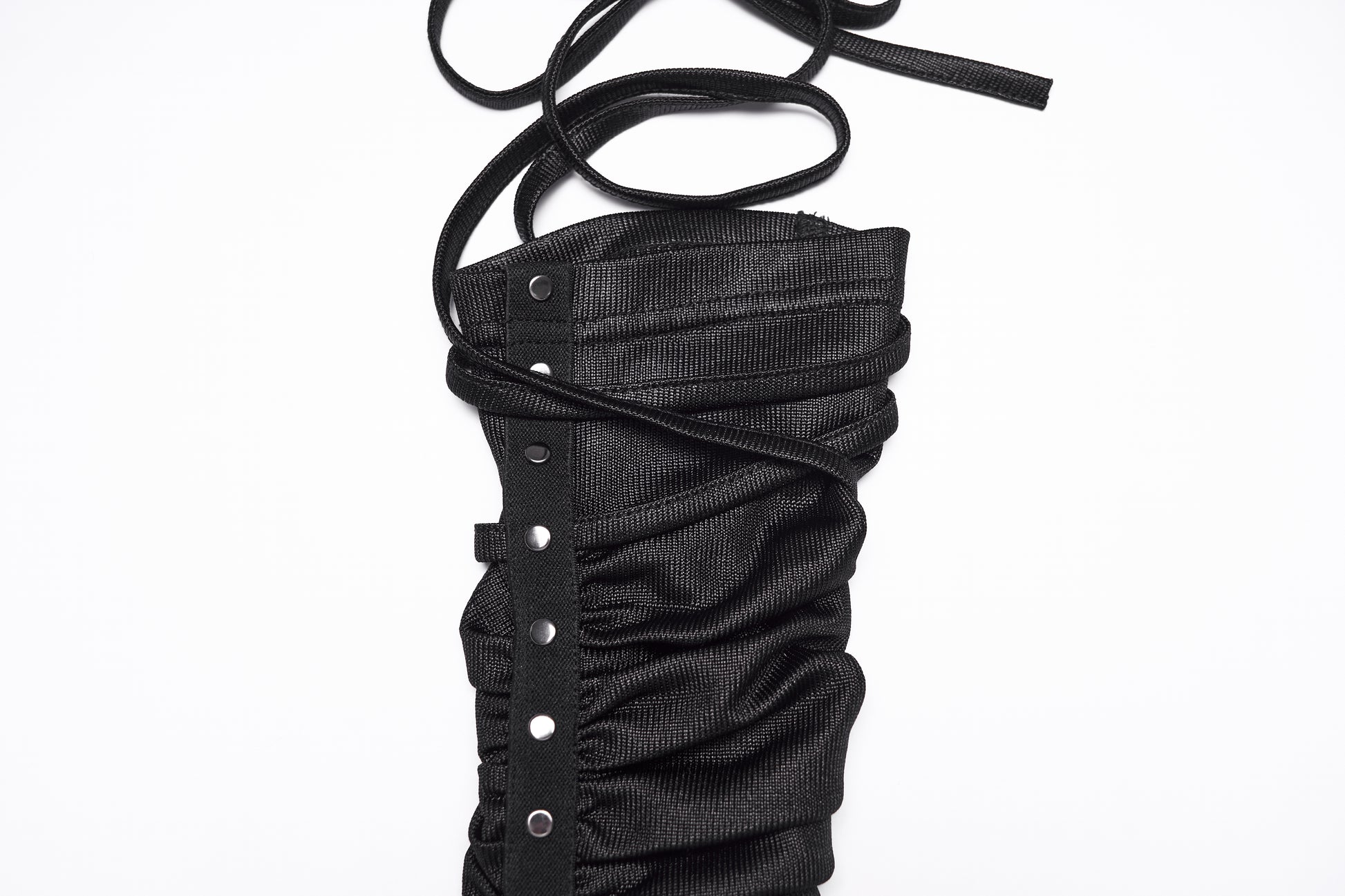 Goth fingerless strap gloves with pleated fabric and rivet detailing from Punk Rave Nyx Wasteland.