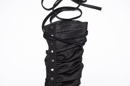 Goth fingerless strap gloves with pleated fabric and rivet detailing from Punk Rave Nyx Wasteland.