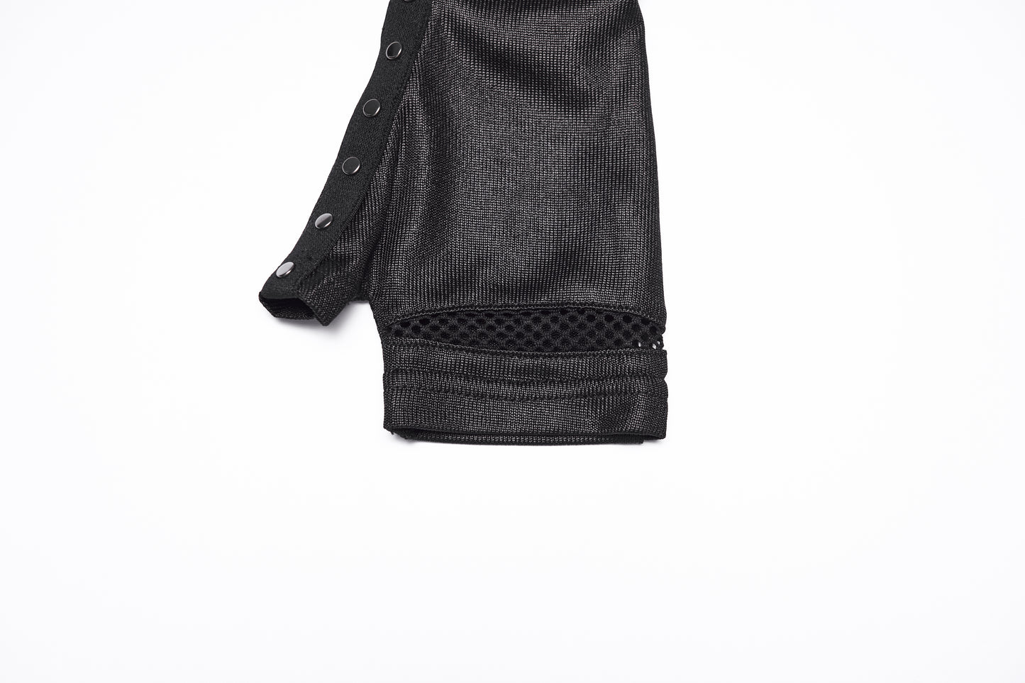 Goth fingerless strap gloves featuring pleated fabric and rivet details, showcasing a unique industrial edge.