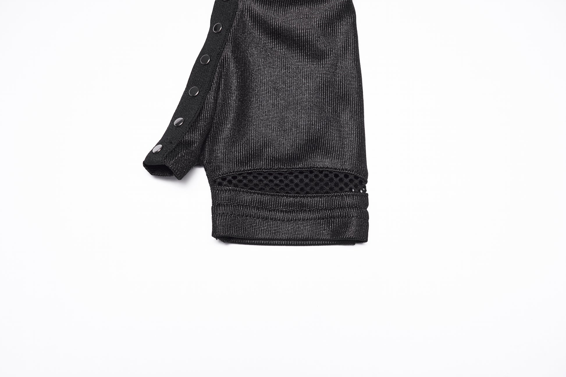 Goth fingerless strap gloves featuring pleated fabric and rivet details, showcasing a unique industrial edge.
