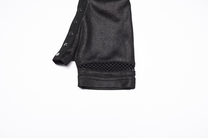 Goth fingerless strap gloves featuring pleated fabric and rivet details, showcasing a unique industrial edge.
