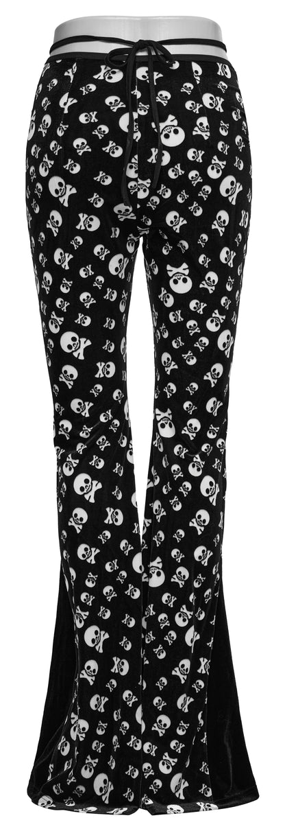 Punk Rave Nulia Spliced Velvet Flared Trousers with Skull Print