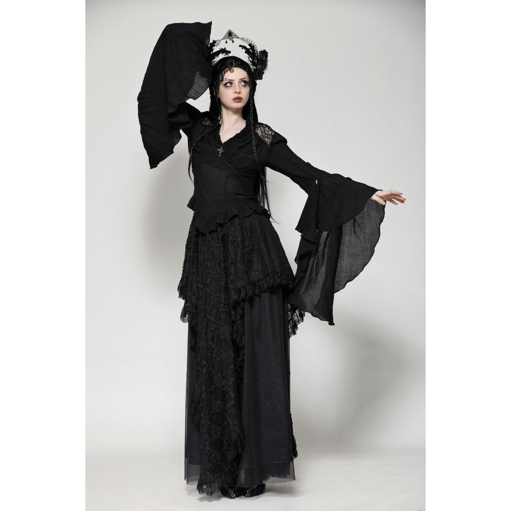 Dark in Love Constance V-neck Bell Sleeve Top with Cross Pendant - Kate's Clothing