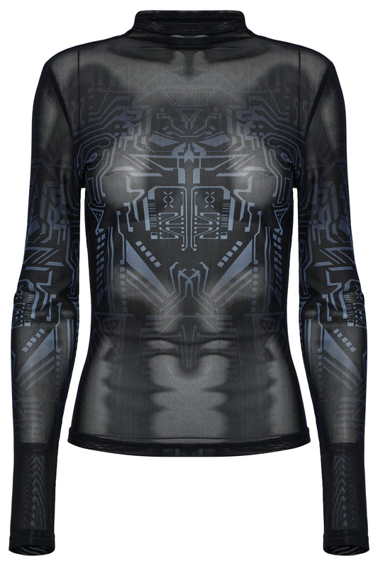 Punk Rave Eluana Cybergoth Print Mesh Long Sleeve Top