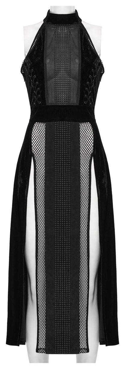 Punk Rave Selene Velvet Mesh High Slit Goth Dress In Black