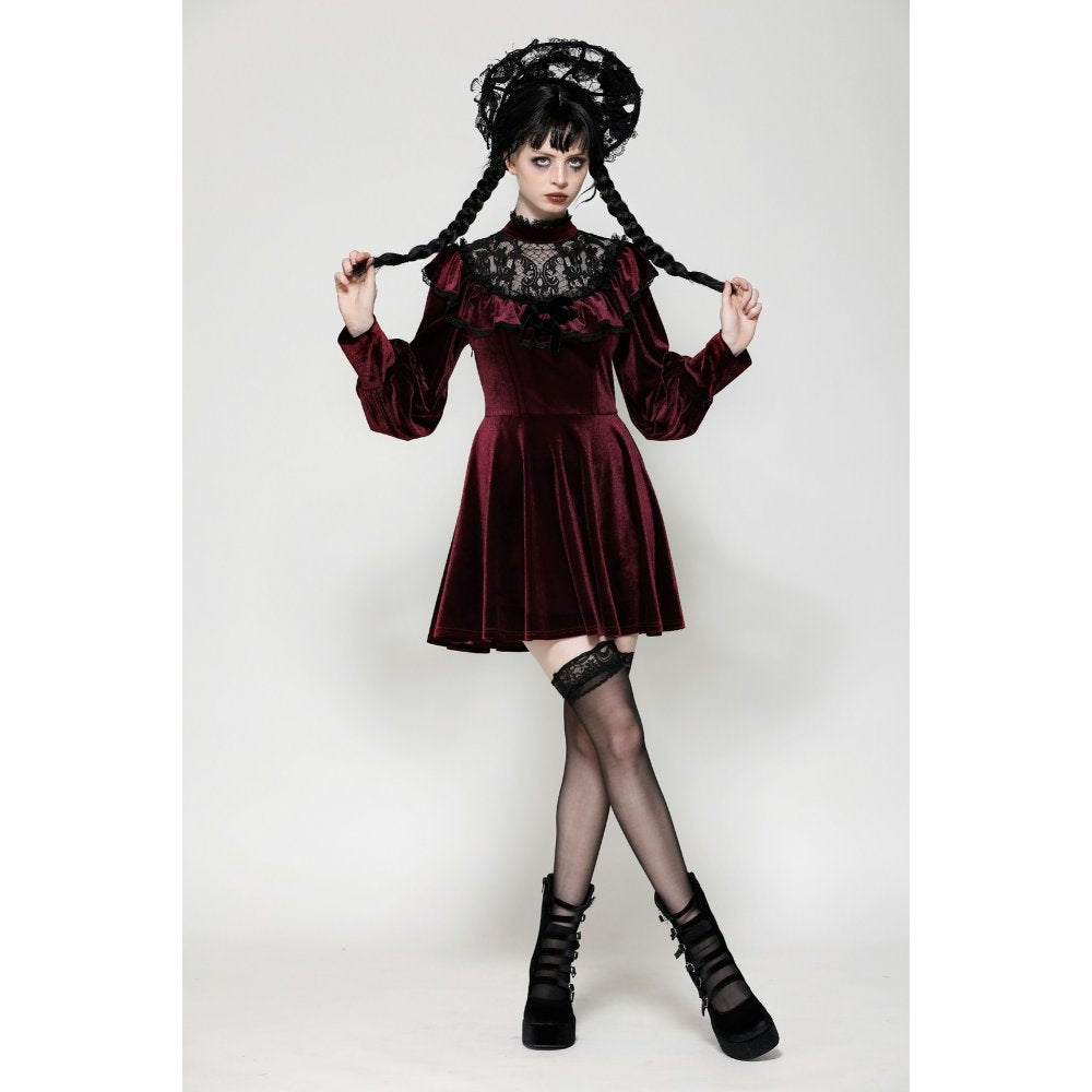 Dark in Love Verity Burgundy Velvet Dress with Black Gothic Lace - Kate's Clothing