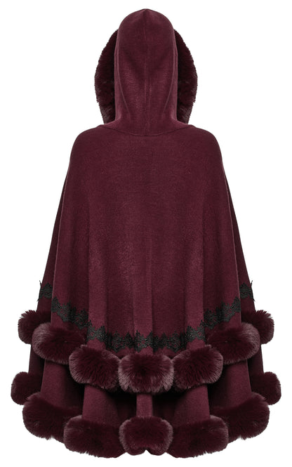 Punk Rave Isolde Faux Fur Trim Gothic Cloak Wine Red