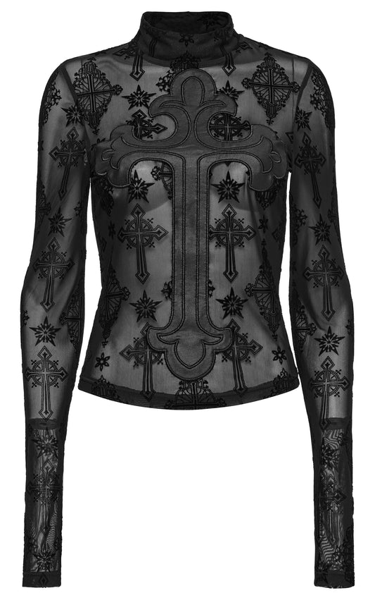 Punk Rave Morrigan Cross Embroidered Mesh Top
