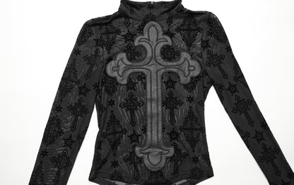 Punk Rave Morrigan Cross Embroidered Mesh Top