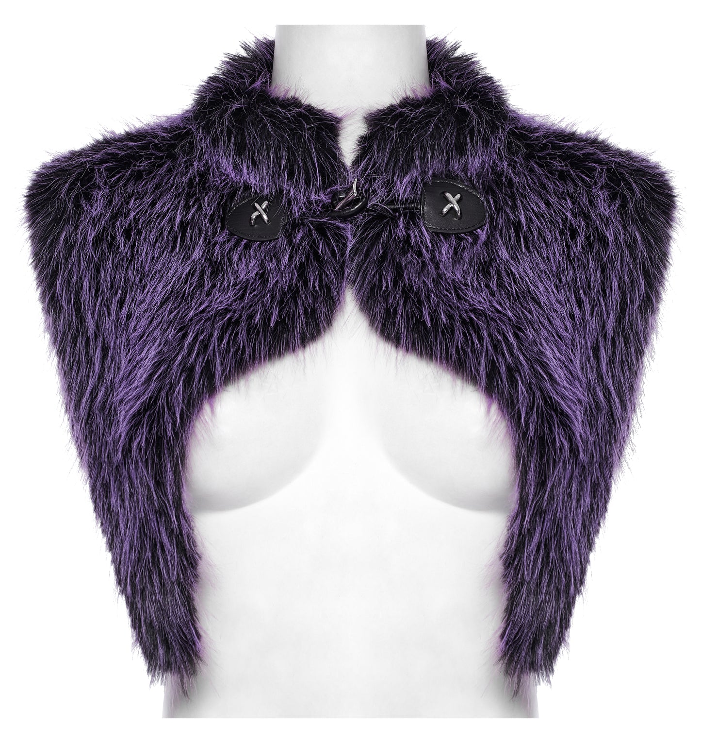 Purple faux fur shoulder wrap on a mannequin with a white background