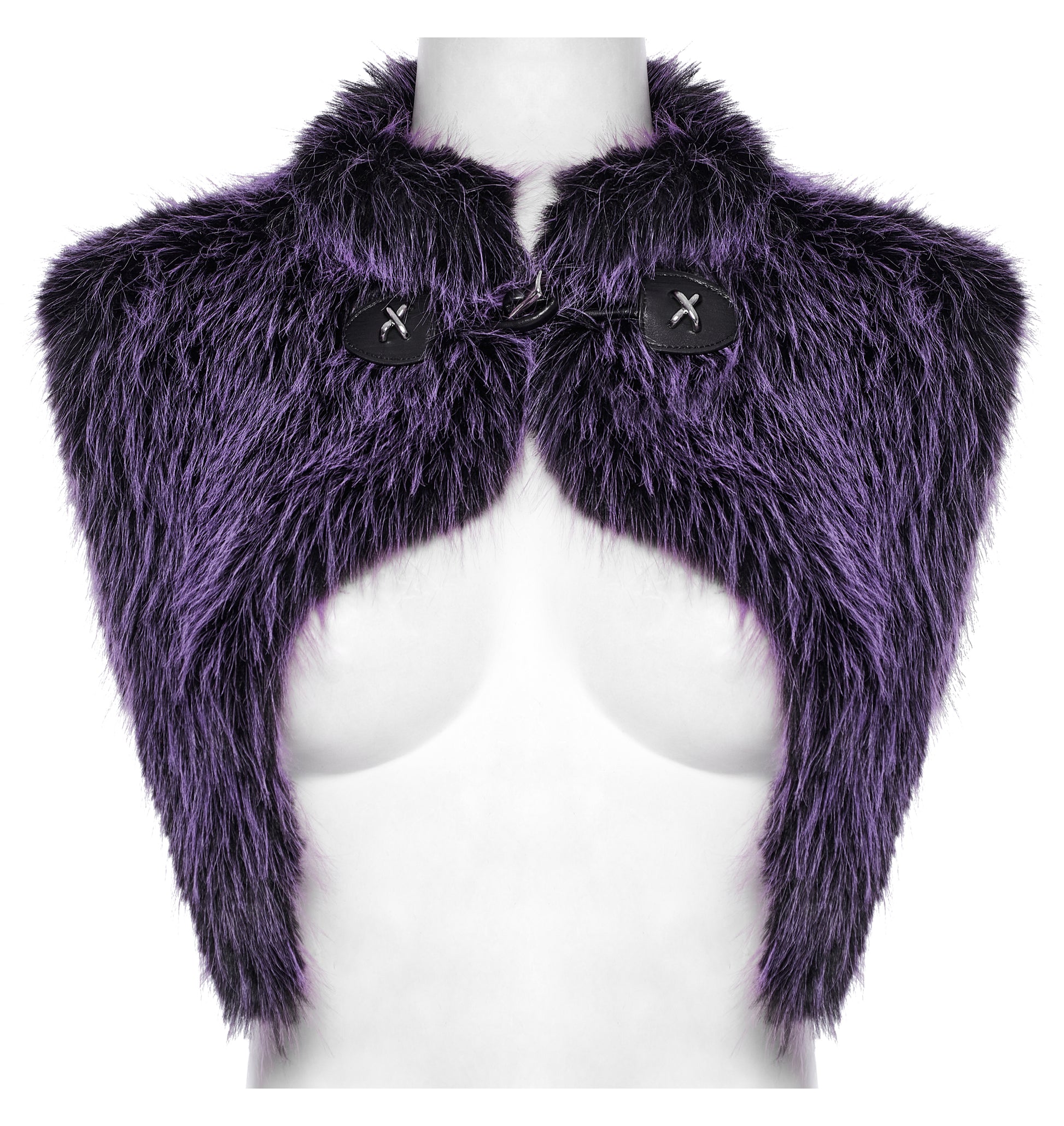 Purple faux fur shoulder wrap on a mannequin with a white background