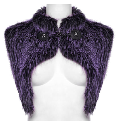 Purple faux fur shoulder wrap on a mannequin with a white background