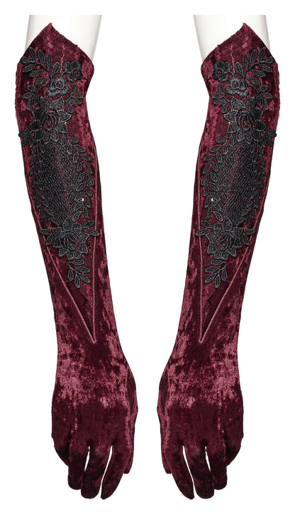 Punk Rave Selene Embroidered Velvet Gloves in Crimson