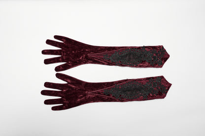 Punk Rave Selene Embroidered Velvet Gloves in Crimson
