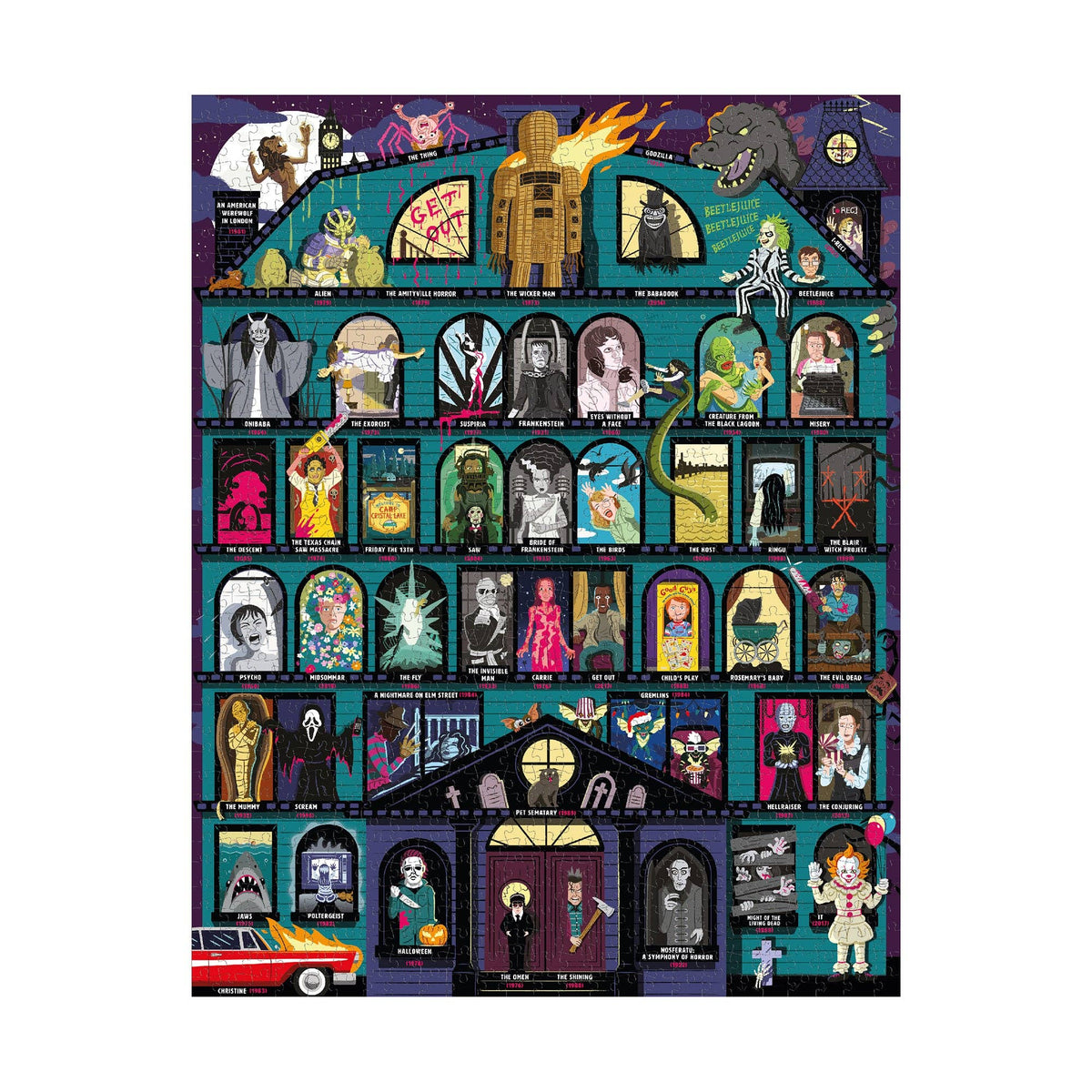 The finished puzzle artwork: a haunted house with rows of windows, each showing a character from one of the horror films.