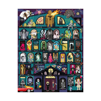 The finished puzzle artwork: a haunted house with rows of windows, each showing a character from one of the horror films.