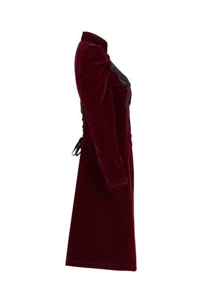 Punk Rave Nerezza Goth Mid-Length Embroidered Velvet Coat in Red