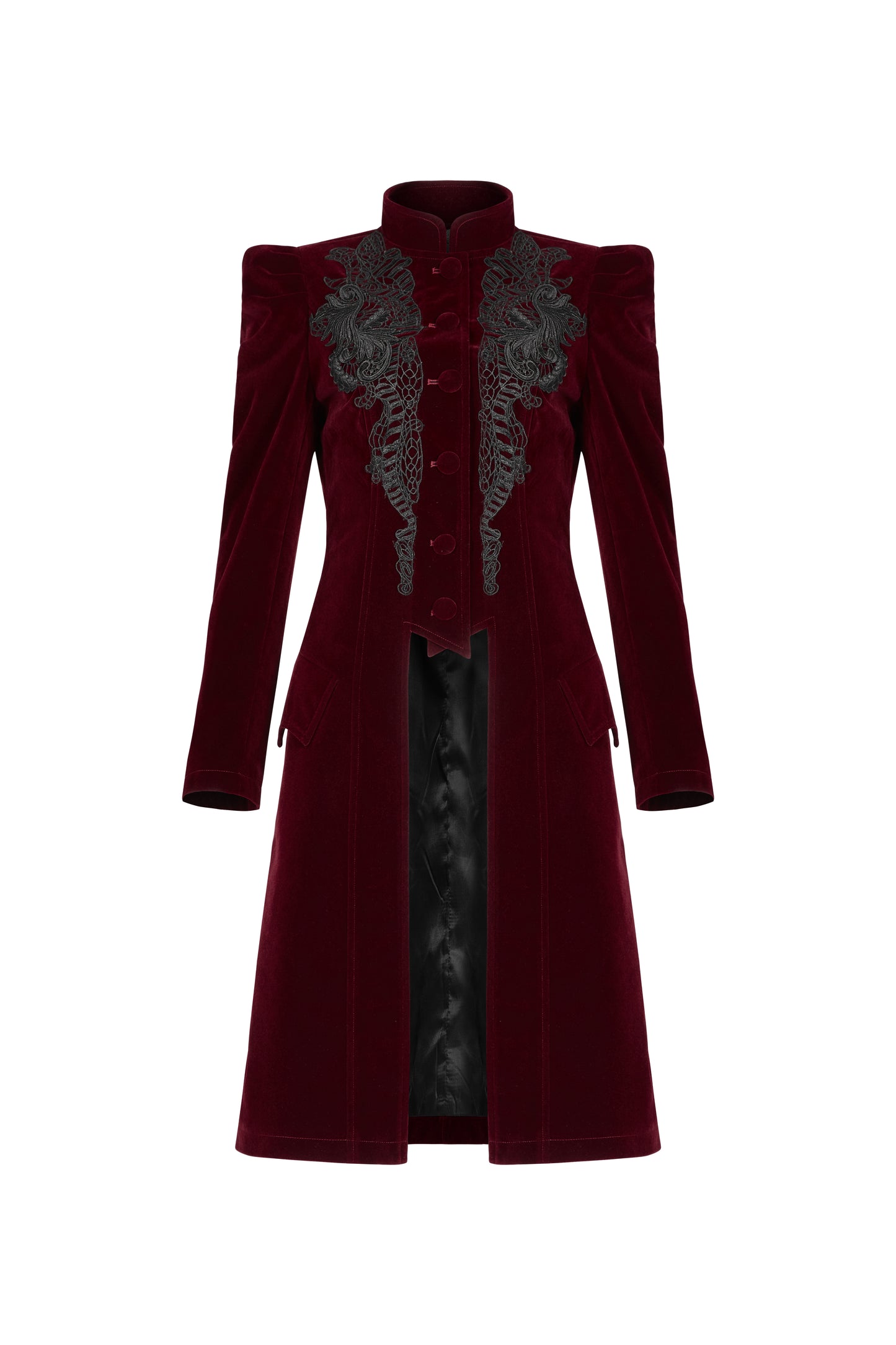 Punk Rave Nerezza Goth Mid-Length Embroidered Velvet Coat in Red