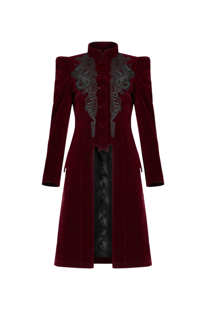 Punk Rave Nerezza Goth Mid-Length Embroidered Velvet Coat in Red