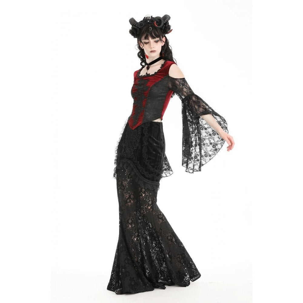 Dark in Love Delancy Gothic Black and Red Velvet Cold Shoulder Top - Kate's Clothing