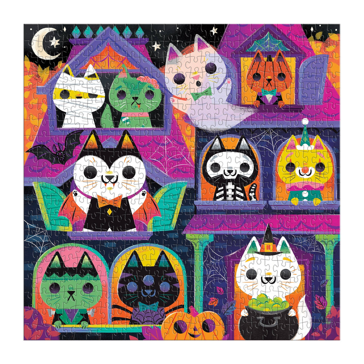 Close-up crop of the box art showing three different cats in Halloween costumes among the windows.