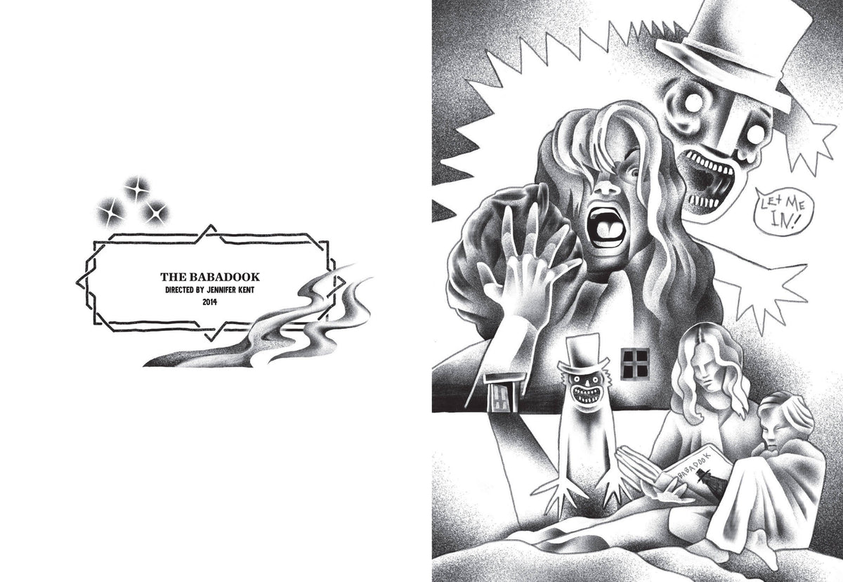 The Babadook: The Babadook page spread: title label on the left, a screaming mother and the top-hatted Babadook with a "Let me in!" bubble on the right.