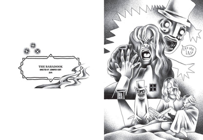 The Babadook: The Babadook page spread: title label on the left, a screaming mother and the top-hatted Babadook with a "Let me in!" bubble on the right.